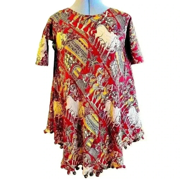 Hand Crafted Tops - Indian Women Red Cow Floral Printed Round Neck Kurta Kurti Top Tunic Dress Small